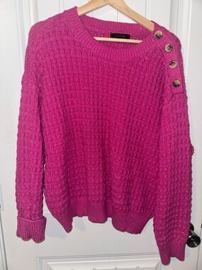 Ann Taylor Fuchsia Button-Shoulder Crewneck Sweater